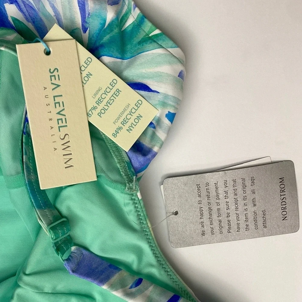 NWT, Sea Level Swim Tropical Palm V-neck Blue Green One Piece Swimsuit Size 4